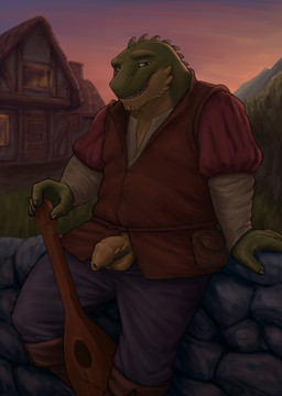 anthro balls clothed clothing flaccid foreskin genitals humanoid_genitalia humanoid_penis long_foreskin looking_at_viewer lute male medieval musical_instrument outside penis plucked_string_instrument smile solo string_instrument vein noodlewd scalie hi_res
