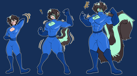 5_fingers abs anthro black_body black_fur black_hair blue_boots blue_clothing blue_footwear blue_gloves blue_handwear blue_outfit body_size_growth boots chest_tuft clothed clothing exclamation_point eyewear female fingers fluffy fluffy_tail footwear fully_clothed fur glasses gloves green_body green_fur green_highlights growth hair hands_behind_back handwear highlights_(coloring) human_to_anthro muscle_growth muscular muscular_anthro muscular_female open_mouth open_smile outline reaching_back shoes simple_background size_transformation smile solo species_transformation superhero_costume tail tail_growth transformation transformation_sequence transparent_background triceps tuft white_outline rtf-m minty_(end_of_et3rnity) human mammal mephitid skunk 2023 absurd_res alpha_channel digital_drawing_(artwork) digital_media_(artwork) hi_res nonbinary_(lore)