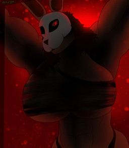 abs anthro anthrofied biceps big_breasts breasts brown_hair doorway female glowing glowing_eyes hair huge_breasts looking_at_viewer mask messy messy_hair muscular muscular_female raised_arms red_eyes red_light solo standing_in_doorway triceps wrap wrapped wrapped_up wraps wraps_only m4n dead_by_daylight the_huntress_(dead_by_daylight) lagomorph leporid mammal rabbit absurd_res hi_res