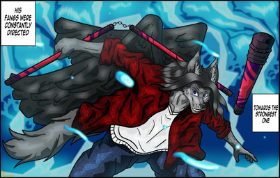 anthro black_hair black_wings blue_eyes bottomwear clothing denim denim_bottomwear denim_clothing flannel flannel_jacket fur grey_body grey_fur hair jeans male melee_weapon nunchaku pants red_flannel shirt simple_background solo text topwear water weapon white_clothing white_shirt white_topwear wings aldanierdraws jujutsu_kaisen ash_clinker canid canine canis mammal wolf absurd_res english_text hi_res