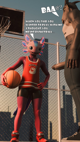 animal_noises anthro ball basketball basketball_(ball) basketball_court basketball_hoop belt bleating blue_eyes bottomwear building chain-link_fence city city_background clothing crop_top crossgender denim denim_bottomwear denim_clothing dialogue duo ear_piercing ear_tag erection fence fingers footwear ftm_crossgender fur gender_symbol genitals grey_body grey_fur hand_on_hip hooved_fingers hooves horizontal_pupils horn imminent_sex jeans looking_at_another male male/male male/male_symbol male_symbol muscular muscular_anthro muscular_male open_mouth outside pants penis piercing pink_body pupils sexuality_symbol shirt shoes shorts sky symbol talking_to_another tank_top teeth text text_on_clothing text_on_crop_top text_on_topwear topwear urban yellow_eyes sstfff3 dollymolly323_(modeler) weiss_nsfw_(modeler) coffee_stain_studios epic_games fortnite goat_simulator axo_(fortnite) pilgor_(goat_simulator) amphibian aquatic axolotl bovid caprine goat mammal mole_salamander salamander 2025 3d_(artwork) 9:16 absurd_res digital_media_(artwork) english_text hi_res
