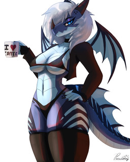 anthro big_breasts bikini blue_body blue_eyes breasts choker clothed clothing coffee_mug container cup facial_horn female fingerless_gloves gloves hair handwear holding_container holding_cup holding_object horn jacket jewelry legwear looking_at_viewer membrane_(anatomy) membranous_wings mug navel necklace simple_background skimpy solo swimwear tail thick_thighs thigh_highs topwear two-piece_swimsuit white_background white_hair wide_hips wings conditional_dnp paradoxing mythology nira_(unrealcereal) dragon mythological_creature mythological_scalie scalie 2023 4:5 digital_media_(artwork) digital_painting_(artwork) hi_res painting_(artwork) signature
