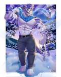 abs anthro biceps blue_body blue_fur blue_hair bottomwear clothing fur green_eyes hair looking_at_viewer male muscular muscular_male pants pecs scarf shirtless_male sky smile snow solo standing striped_body stripes tail teeth anjing_kampuss felid mammal pantherine tiger hi_res