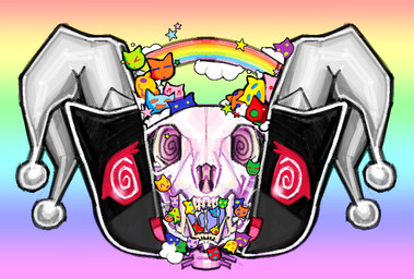 ambiguous_gender anterior_nasal_aperture black_body bone clothing cloud fangs fool's_hat gradient_background group hat headgear headwear kemono open_mouth rainbow rainbow_background red_eyes simple_background skull spiral spiral_eyes star teeth alunka domestic_cat felid feline felis mammal waddling_head hi_res