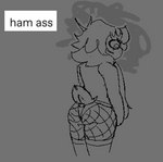 anthro big_butt butt clothing femboy fishnet_clothing humor jacket legwear long_ears looking_away male panties short_tail solo tail text thick_thighs thigh_highs topwear underwear upset wide_eyed wide_hips gneffbutter spip_(gneffbutter) lagomorph leporid mammal rabbit line_art meme monochrome