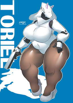 anthro big_breasts breasts brown_body brown_skin clothed clothing cosplay curvy_figure cybernetics female floppy_ears gun horn machine ranged_weapon slightly_chubby solo text thick_thighs voluptuous weapon wide_hipped_female wide_hips ocaritna haydee_(game) undertale undertale_(series) haydee haydriel toriel android boss_monster_(undertale) bovid caprine cyborg mammal robot robot_anthro crossover hi_res signature