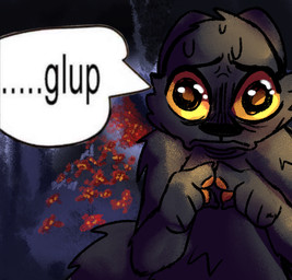 ambiguous_gender anthro big_eyes black_body black_eyes black_fur bodily_fluids fingers_together fur glup nervous nervous_sweat orange_sclera solo sweat tail text wickflix scav_prototype canid experiment_(scav_prototype) hybrid mammal digital_media_(artwork) english_text meme