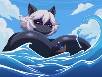 anthro big_breasts boat breasts clothing cloud duo emanata eyebrow_through_hair eyebrows eyelashes female female_anthro hair huge_breasts macro magic_user partially_submerged purple_eyes short_hair sky translucent translucent_hair vehicle water watercraft white_hair yellow_sclera sssonic2 nemo_(simplifypm) domestic_cat felid feline felis lizard mammal reptile scalie 2026 hi_res