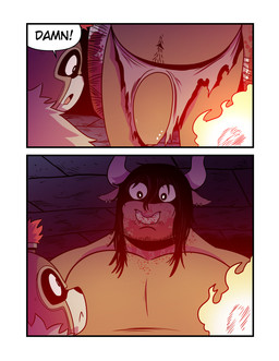 2_horns anthro armor belly_hair big_penis black_hair blood blood_on_arm blood_on_chest blood_on_face bodily_fluids body_hair bottomwear clothing dialogue duo ear_piercing eye_contact frown fur genitals gladiator_helmet grey_body grey_fur hair happy_trail headgear helmet horn humanoid_genitalia humanoid_penis ineffective_clothing loincloth long_hair looking_at_another looking_at_genitalia looking_at_penis male male/male muscular navel pecs penis piercing surprised text torch t0l0k european_mythology greek_mythology mythology antigonus_(t0l0k) bovid bovine canid canine canis mammal minotaur wolf comic english_text hi_res