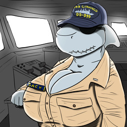 anthro baseball_cap big_breasts breasts cleavage clothed clothed_breasts clothing eyewear female fully_clothed hat headgear headwear huge_breasts military navy non-mammal_breasts ship solo sunglasses text text_on_baseball_cap text_on_clothing text_on_hat text_on_headwear uniform vehicle watercraft komododad u.s._navy helen_sack_(savagelyrandom) fish marine shark 1:1 2019 hi_res