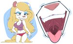 anthro blonde_hair blue_eyeshadow clothing crop_top crotch_lines eyeshadow female fur gaping_mouth hair makeup midriff mouth_shot navel open_mouth panties shirt solo tank_top tongue tongue_out topwear underwear uvula white_body white_fur lecigzz animaniacs warner_brothers minerva_mink mammal mink mustelid musteline true_musteline 2023