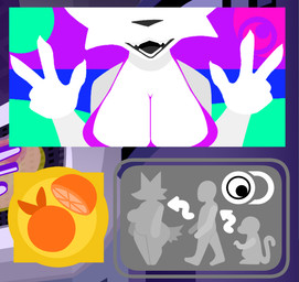 anthro breasts clothed clothing female food fruit gesture hand_gesture male orange_(fruit) plant solo teeth v_sign zzx canid canine canis haplorhine human mammal monkey primate wolf