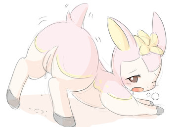 bodily_fluids breath butt female feral genital_fluids genitals nude one_eye_closed open_mouth panting presenting presenting_hindquarters saliva simple_background solo vaginal_fluids vulva white_background wink kajiura nintendo pokemon deer deerling generation_5_pokemon mammal pokemon_(species) spring_deerling
