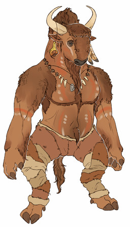 anthro arm_tuft black_nose blue_eyes bodypaint brown_body brown_eyebrows brown_fur chest_tuft clothed clothing eyebrows facial_paint fur glistening glistening_eyes horn jewelry legwear male mouth_closed necklace shoulder_tuft solo standing tan_horn tooth_necklace topless tribal tuft unsigned swampjaws bison bovid bovine mammal hi_res