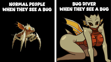 anthro blush blush_stickers breasts duo eyebrows eyelashes female looking_at_viewer scales tail text wings carliabot helldivers arthropod insect 16:9 2026 english_text meme widescreen