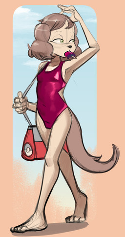 anthro bottomwear brown_hair clothed clothed_anthro clothing eyelashes female food footwear green_eyes hair handbag looking_back one-piece_swimsuit popsicle raised_arm shadow solo swimwear young young_anthro young_female sin-sational courtney_sin canid canine canis domestic_dog mammal poodle 2024 absurd_res digital_drawing_(artwork) digital_media_(artwork) hi_res