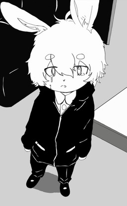 ambiguous_gender anthro bodily_fluids bottomwear circle_eyebrows clothed clothing collared_shirt cowlick crying detailed_background dress_shirt eyebrows footwear hair high-angle_view inside jacket looking_at_viewer pants shirt shoes solo tears topwear luopmujca lagomorph leporid mammal rabbit digital_drawing_(artwork) digital_media_(artwork) greyscale hi_res monochrome