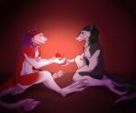 anthro azaly blush braided_hair collar digital_media_(artwork) duo fur green_body green_fur hair happy heart_symbol hi_res long_hair long_tail male male/male nude omez purple_hair red_background sergal simple_background sitting smile tail text thorsten_anzomi white_body white_fur