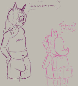 anthro backpack blush bra_strap bulge clothing crop_top duo gynomorph hair intersex looking_away profanity shirt tank_top text thought_bubble topwear young young_anthro hellpuppy666 canid canine canis mammal wolf english_text hi_res line_art trans_(lore) trans_woman_(lore)