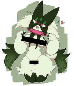 3_fingers anthro bodily_fluids breast_curtains breasts cape censor_bar claws clothing cum fangs female female_anthro finger_claws fingers flower_(anatomy) genital_fluids green_body green_mask head_tilt heart_symbol jagged_mouth leaf_(anatomy) looking_at_viewer mask open_mouth pawpads pink_eyes small_waist solo standing tail teeth text thick_thighs white_sclera wide_hips yakiniku628 nintendo pokemon generation_9_pokemon meowscarada pokemon_(species) censored colored hi_res japanese_text