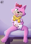 bed bodily_fluids bottomless clothed clothing female fingering fur furniture genital_fluids genitals gloves handwear masturbation on_bed pink_body pink_fur pussy scarf solo toony topwear vaginal vaginal_fingering vaginal_fluids nutty_bo toontown toontown_corporate_clash toontown_online pancake_(toontown) hi_res