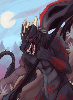 angry axe battle_axe fangs fantasy_weapon holding_object holding_weapon male melee_weapon mountain outside red_eyes solo spines tattoo teeth weapon lethedreamer alien gra_ktchela kor hi_res