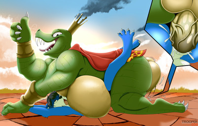 anal anal_penetration anthro anthro_on_anthro anthro_penetrated anthro_penetrating anthro_penetrating_anthro balls belly biceps big_belly biped bloodshot_eyes blue_body blue_fur bodily_fluids bracelet brown_eyes butt cape claws close-up clothing cloud crown cum cum_in_ass cum_inside cum_while_penetrated detailed_background dominant dominant_male duo ejaculation fangs from_front_position fur genital_fluids genitals gold_(metal) gold_bracelet gold_jewelry green_body green_scales green_skin hair headgear humanoid_genitalia humanoid_penis jewelry king larger_dom looking_pleasured lying male male/male male_on_bottom male_on_top male_penetrating missionary_position musclegut muscular muscular_male nude on_back on_bottom on_top open_mouth orgasm orgasm_face outside overweight overweight_anthro overweight_male penetration penis royalty scales sex sharp_teeth size_difference sky spread_legs spreading sunset teeth thick_thighs toe_claws tongue vein veiny_penis white_body white_fur trooper036 donkey_kong_(series) nintendo super_smash_bros. super_smash_bros._ultimate king_k._rool regal_fulton canid canine canis crocodile crocodilian kremling mammal reptile scalie wolf 2019 absurd_res digital_media_(artwork) hi_res