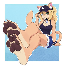 4_toes anthro barefoot baseball_cap bell bell_collar blonde_hair border bottomwear bracelet breasts brown_pawpads chest_tuft claws clothed clothing collar countershade_feet countershading crossed_legs feet female foot_focus fur green_eyes hair hat headgear headwear inner_ear_fluff jewelry looking_at_viewer open_mouth outline pawpads paws plantigrade plantigrade_pawpads shirt shorts simple_background sitting soles solo spiked_bracelet spikes tail tank_top text tipping_hat toe_claws toes topwear tuft white_border softhanten paige_(p4wsized) domestic_cat felid feline felis mammal 2025 artist_name digital_media_(artwork) hi_res