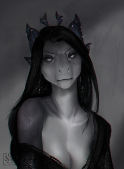 6_horns anthro black_clothing black_hair blue_horn breasts clothed clothing collarbone exposed_shoulder eyebrows eyelashes female floating_horn front_view grey_background grey_body grey_scales hair horn lace logo long_hair looking_at_viewer medium_breasts mouth_closed multi_horn multicolored_body multicolored_scales narrowed_eyes non-mammal_breasts off_shoulder pupils scales simple_background slit_pupils snout snout_from_the_front solo text two_tone_body two_tone_scales wavy_horn white_eyes jadedragoness mythology itasa_(jadedragoness) dragon mythological_creature mythological_scalie scalie wingless_dragon 2021 artist_logo artist_name bust_portrait digital_media_(artwork) digital_painting_(artwork) painting_(artwork) portrait shaded