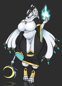 anthro big_breasts breasts claws clothed clothing crystal elemental_manipulation female finger_claws fire fire_manipulation footwear gem gold_accessory hair looking_forward magic moon_symbol multi_eye multicolored_clothing reflections scarf smile solo staff thick_thighs toe_claws white_hair wide_sleeves spottedp_anda0046 sarhbagga goloma hi_res