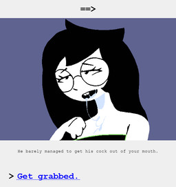 after_oral after_sex black_hair bodily_fluids buckteeth clothed clothing cum cum_dripping_from_mouth cum_in_mouth cum_inside eyewear female genital_fluids glasses hair human_only looking_pleasured not_furry open_mouth partially_clothed pixelated simple_background solo teeth text white_body uglycoal homestuck ms_paint_adventures jade_harley human mammal comic digital_drawing_(artwork) digital_media_(artwork) english_text hi_res shaded simple_shading