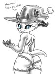 anthro blue_eyes bulge butt claws clothed clothing crossdressing dialogue flower hat headgear headwear horn legwear looking_back male panties plant short_tail solo stockings tail underwear wizard_hat panthera_cantus mulvan_treehugger kobold scalie black_and_white hi_res monochrome partially_colored