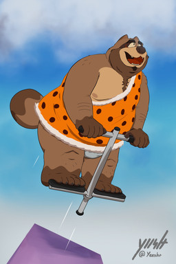 5_fingers anthro brown_body clothing eyewear fingers glasses male moobs nipples overweight overweight_male pogo_stick solo underwear yeesht vtuber tanumoto canid canine mammal raccoon_dog tanuki 2025 absurd_res hi_res