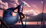 anthro big_tail blue_body blue_fur bottomwear cigarette clothing cloud dipstick_tail fluffy fluffy_tail fur jacket male markings mountain multicolored_tail pants shirt sky smoking solo street_lamp sunset tail tail_markings topwear water waterline_view hatorain qursll skylar_(forgotten_melody) canid canine fox mammal