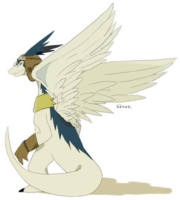 anthro aviator_cap blonde_hair blue_body blue_eyes clothing collar eyewear feathered_wings feathers furgonomic_piercing furgonomics gloves goggles hair handwear kemono looking_back male multicolored_body piercing simple_background solo standing tail thick_tail two_tone_body white_background white_body wing_piercing wings sigi0406 legendz mythology shiron dragon mythological_creature mythological_scalie scalie windragon