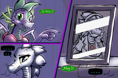 anthro duo female green_eyes male male/female nodding photo picture_frame pointing_at_photo speech_bubble text frist44 friendship_is_magic hasbro my_little_pony mythology night_in_the_woods bea_santello spike_(mlp) crocodilian dragon mythological_creature mythological_scalie reptile scalie 2025 3:2
