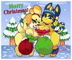 anthro areola balls balls_outline big_balls big_penis blue_eyes blue_hair bow_ribbon bulge clothing cock_sock crossgender detailed_bulge dipstick_tail duo exclamation_point footwear ftg_crossgender fti_crossgender genital_outline genitals gynomorph hair heart_symbol holiday_message holidays huge_balls huge_penis hyper hyper_balls hyper_genitalia intersex looking_at_viewer markings open_mouth penis penis_clothing penis_outline pink_areola ring_(marking) ringed_tail small_but_hung socks striped_markings striped_tail stripes tail tail_markings text thick_thighs uraeus yellow_body thisnameistaken animal_crossing christmas nintendo ankha_(animal_crossing) isabelle_(animal_crossing) canid canine canis domestic_cat domestic_dog felid feline felis mammal shih_tzu toy_dog english_text hi_res