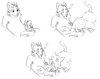 anthro balls base_two_layout bodily_fluids clothed clothing cum cum_from_nose cum_in_mouth cum_in_nose cum_inside cum_on_face cum_on_self drooling duo erection eyes_closed fellatio food food_fetish food_play foreskin genital_fluids genitals heart_reaction heart_symbol male male/male oral partially_clothed penile penis saliva sex shirt simple_background t-shirt three_frame_image three_frame_sequence tongue tongue_out topwear two_row_layout underwear underwear_down white_background gato_matero domestic_cat felid feline felis mammal pantherine tiger monochrome multiple_images sequence