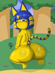 anthro big_butt blue_eyes blue_hair bodily_fluids butt female hair huge_butt kneeling nude pupils rear_view short_stack simple_background slit_pupils solo sweat sweatdrop tail thick_thighs wide_hips yellow_body shorties_tavern animal_crossing nintendo ankha_(animal_crossing) domestic_cat felid feline felis humanoid mammal 3:4 absurd_res hi_res