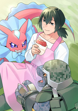 angry anthro apron argument armor black_hair blue_body bread claws clothing eating fighting_over_boy food frill_(anatomy) group hair headgear helmet humor male pink_body ponytail smile trio hase_popopo bandai_namco digimon digimon_beatbreak haruomi_sone commandramon digimon_(species) elizamon human mammal scalie absurd_res hi_res