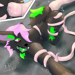 anal anthro bdsm bodily_fluids close-up close_up_panel constrained cum genital_fluids hair male open_mouth outside pink_hair red_eyes sex slime sloppy solo squeezing tentacle_sex tentacles eginix_bexem canid canine mammal tentacle_creature hi_res