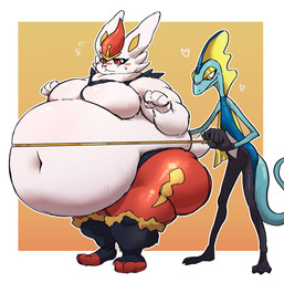 ambiguous_gender anthro belly big_belly big_butt blue_body blush bodily_fluids butt duo fur gradient_background heart_symbol huge_belly long_ears love_handles measuring measuring_belly moobs morbidly_obese morbidly_obese_anthro navel nude obese obese_anthro overweight overweight_anthro red_eyes simple_background standing sweat sweatdrop thick_thighs white_body white_fur wide_hips yellow_eyes bellylossi nintendo pokemon cinderace generation_8_pokemon inteleon lagomorph leporid lizard mammal pokemon_(species) reptile scalie 2024 hi_res