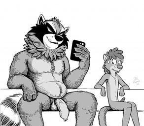 anthro balls belly big_penis bodily_fluids body_hair cellphone duo electronics erection flaccid flaccid_bigger foreskin genitals hair happy_trail humanoid_genitalia humanoid_penis long_foreskin looking_at_genitalia looking_at_object looking_at_penis looking_at_phone male navel nude penis penis_size_difference phone pubes simple_background sitting size_difference smartphone sweat unretracted_foreskin white_background nikraccoom domestic_ferret mammal mustelid musteline procyonid raccoon true_musteline weasel werecreature wereprocyonid wereraccoon 2020 dated greyscale monochrome pen_(artwork) signature traditional_media_(artwork)