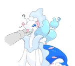 ambiguous_gender anthro blue_eyes blue_hair caressing_head disembodied_hand duo eyelashes fangs gem hair pearl_(gem) question_mark simple_background smile starfish_(accessory) tail teeth tongue tongue_out white_body son_foxeater nintendo pokemon asterozoan echinoderm generation_7_pokemon human mammal marine pokemon_(species) primarina starfish 2025 hi_res