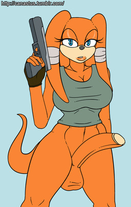 athletic athletic_gynomorph athletic_intersex bad_trigger_discipline balls big_penis biped blue_eyes bottomless breasts clothed clothing cosplay dreadlocks erection eyelashes fingerless_gloves fur genitals gloves gun gynomorph handgun handwear intersex lips lipstick looking_at_viewer makeup midriff orange_body orange_fur penis pistol pose ranged_weapon shirt simple_background solo tank_top text thick_bottom_lip topwear weapon wide_hipped_gynomorph wide_hipped_intersex wide_hips canastus sega sonic_adventure sonic_the_hedgehog_(series) tomb_raider lara_croft tikal_the_echidna echidna mammal monotreme digital_drawing_(artwork) digital_media_(artwork) english_text flat_colors pinup url