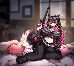 4_toes 5_fingers anthro arm_support bangs bed belt big_breasts black_body black_bottomwear black_claws black_clothing black_eyebrows black_fur black_hair black_nose black_pants blurred_background blush body_blush bottomwear breasts cheek_tuft chest_tuft claws clothed clothed_anthro clothing crop_top ear_piercing eyebrows eyelashes facial_tuft feet female fingers fur furniture gun hair heart_pillow holding_gun holding_object holding_ranged_weapon holding_weapon huge_breasts inside lgbt_pride long_hair looking_at_viewer multicolored_hair navel on_bed pants piercing pillow pink_hair pride_colors ranged_weapon shirt sitting snout solo striped_crop_top tail toes topwear transgender_pride_colors tuft two_tone_hair weapon white_body white_fur tekahika canid canine canis domestic_dog husky mammal nordic_sled_dog spitz 2026 colored digital_drawing_(artwork) digital_media_(artwork) shaded