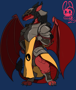 armor black_hair bottomwear claws clothed clothing crossbow hair horn loincloth muscular plate_armor ranged_weapon red_body scales solo tabard weapon wide_hips wings succubusbnny european_mythology mythology dragon mythological_creature mythological_scalie scalie western_dragon alpha_channel hi_res