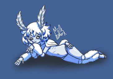 4_arms antennae_(anatomy) anthro ball_joints blue_body blue_hair eyelashes feet female fingers fluffy_antennae fluffy_arms fluffy_legs genitals hair jointed loli looking_at_viewer multi_arm multi_limb nipples nude pose rib_lines short_hair skinny solo tasteful_nudity toes vulva white_hair wings young m1lkb4rk arthropod insect lepidopteran moth pinup