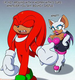 anthro armwear boots breast_jiggle breasts cleavage clothed clothing dialogue duo elbow_gloves eyes_closed female footwear gloves gradient_background hand_on_hip handwear high_heeled_boots high_heels jiggling legwear male membrane_(anatomy) membranous_wings sharp_teeth shoes simple_background talking_to_another teeth thigh_boots thigh_highs walking_away wings omegasunburst sega sonic_the_hedgehog_(series) knuckles_the_echidna rouge_the_bat bat echidna mammal monotreme absurd_res hi_res