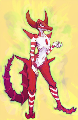 2_toes 4_fingers abstract_background ambiguous_gender anthro feet feminine_pose fingers horn long_tail markings mouth_closed red_body red_scales scales simple_background solo spikes spikes_(anatomy) striped_markings stripes tail teeth toes unusual_anatomy unusual_tail white_body white_scales bittertooth mythology dragon lizard mythological_creature mythological_scalie reptile scalie wingless_dragon 2015